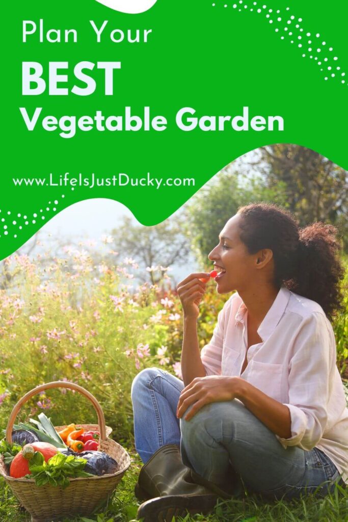Lady with vegetable basket, eating a tomato.